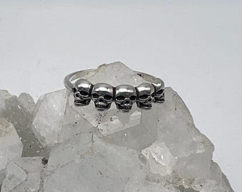 Sterling Silver Five Skull Ring, Size Various