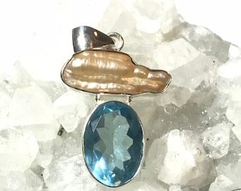 CLEARANCE Blue Crystal and Biwa Pearl Pendant