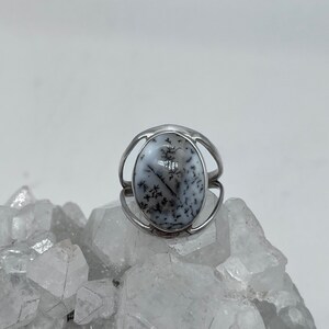 May include: A silver ring with a white and black dendritic agate oval stone.