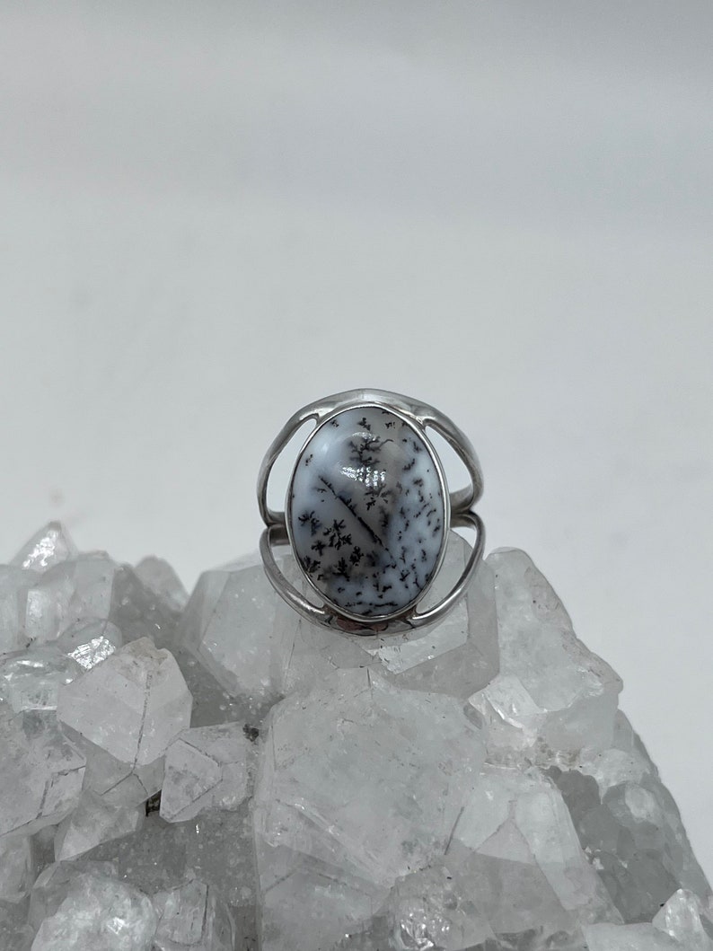 May include: A silver ring with a white and black dendritic agate oval stone.