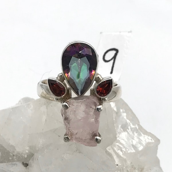 Beautiful Morganite , Garnet and Mystic Topaz Ring, Size 9