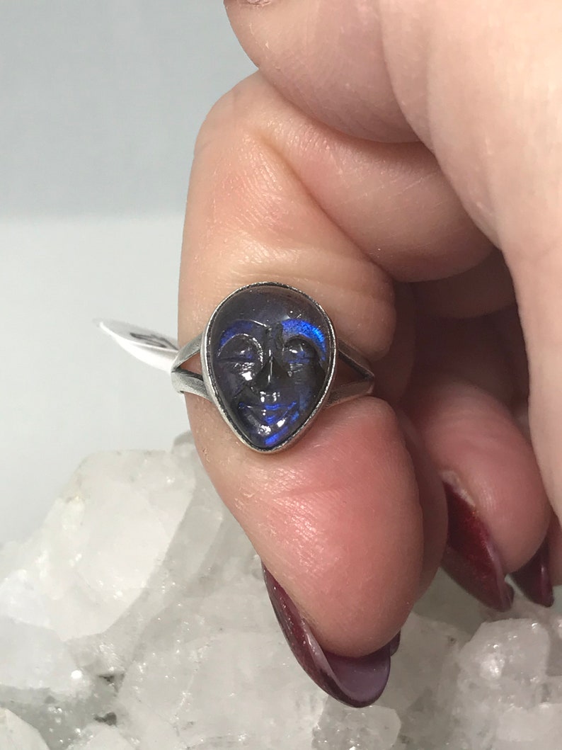 Moody Blue Labradorite Carved Face Ring Size 5 12