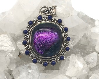 Dichroic Glass and Lapis Pendant Necklace