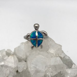 May include: A silver ring with a blue opal turtle design.