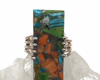 Clearance Multicolored Turquoise and Coral Ring, Size 6