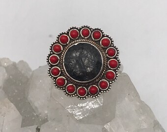 Tourmalinated Quartz and Red Coral Ring, Size 8 1/2