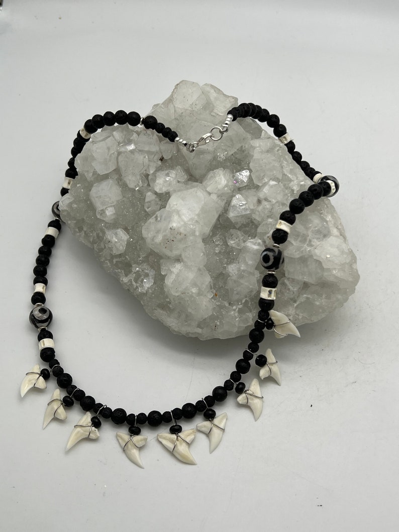 Natural Bone, Lava, Agate and Small Shark Teeth Beaded Necklace-20 image 2