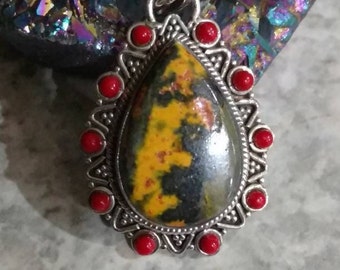 Bumblebee Jasper and Red Coral Pendant