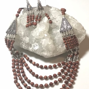 Three Strand Goldstone Necklace and Earring Set