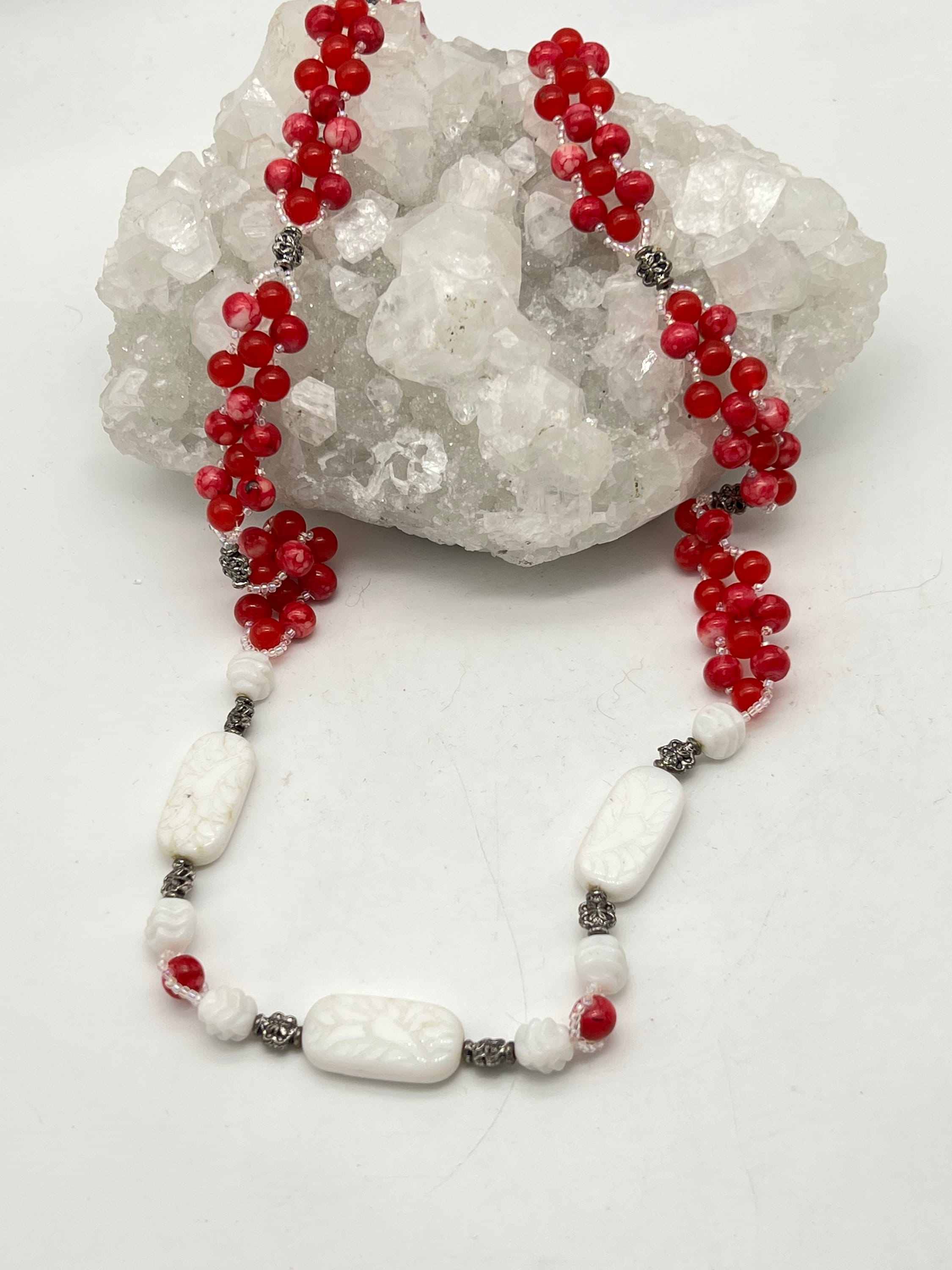Woven Red and White Glass Beaded Necklace-26