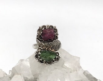 Rough Pink and Green Tourmaline Ring, Size 6 1/2