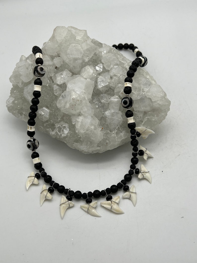 Natural Bone, Lava, Agate and Small Shark Teeth Beaded Necklace-20 image 3