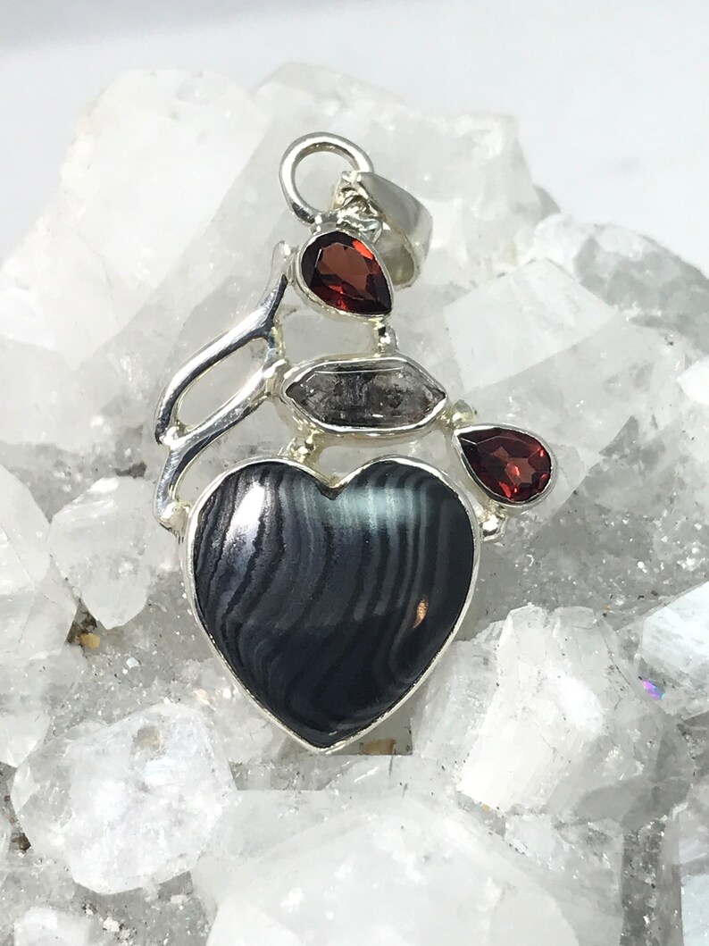 Garnet and Herkimer Diamond Heart Pendant Psilomelane