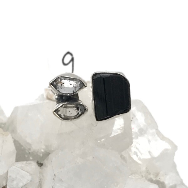 Rough Black Tourmaline and Herkimer Diamond Ring, Size 9-Adjustable