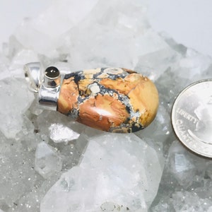 May include: A pendant with a teardrop-shaped stone featuring a mix of tan, brown, and black patterns. The stone is set in a silver-colored metal with a small, round, dark-colored stone at the top. A quarter coin is next to the pendant.