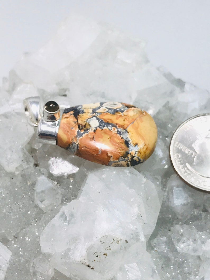 May include: A pendant with a teardrop-shaped stone featuring a mix of tan, brown, and black patterns. The stone is set in a silver-colored metal with a small, round, dark-colored stone at the top. A quarter coin is next to the pendant.