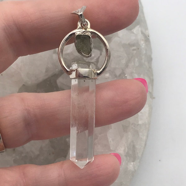 Moldavite and Quartz Crystal Point Pendant