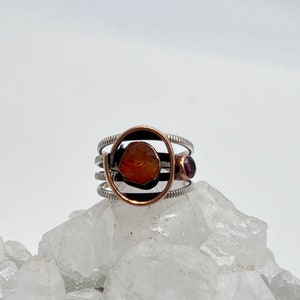 Two-Tone Solar Eclipse Rough Fire Opal and Garnet Ring, Size 6