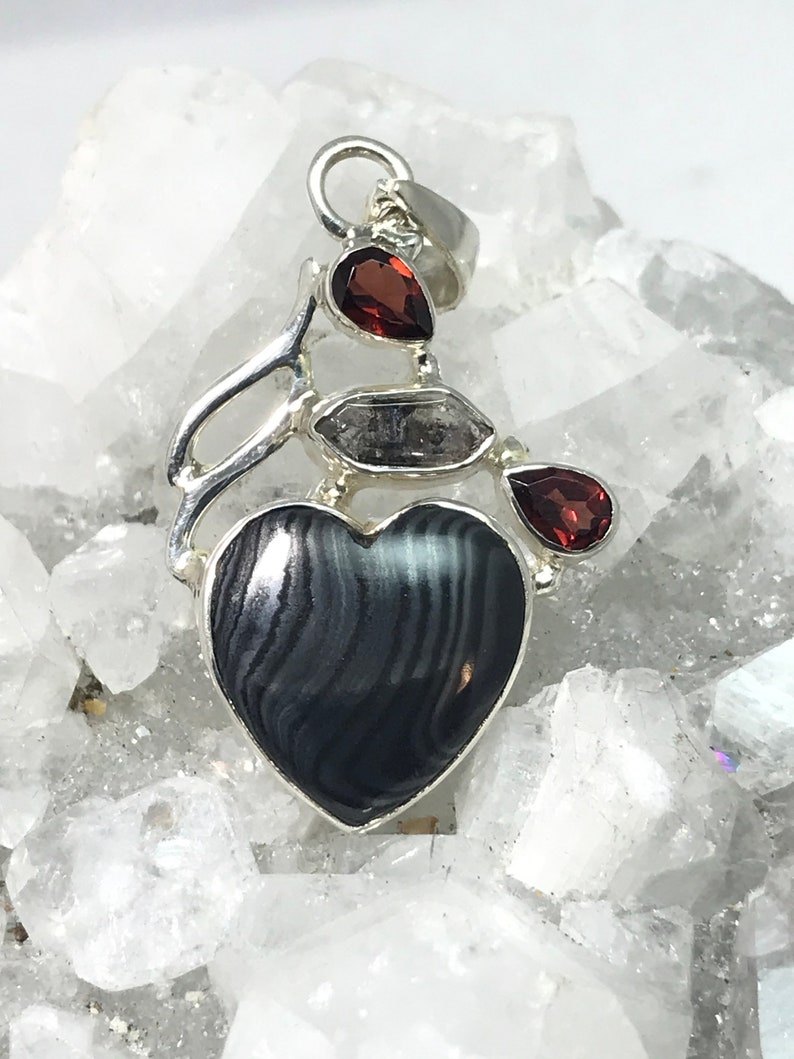 Garnet and Herkimer Diamond Heart Pendant Psilomelane