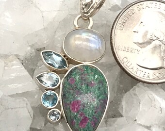 Ruby in Kyanite, Moonstone and Blue Topaz Pendant