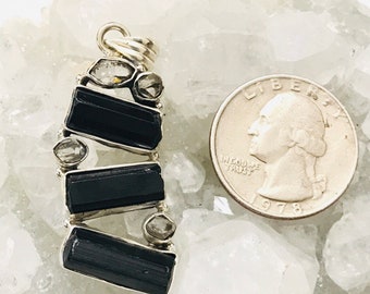 Black Tourmaline Rough and Herkimer Diamond Pendant