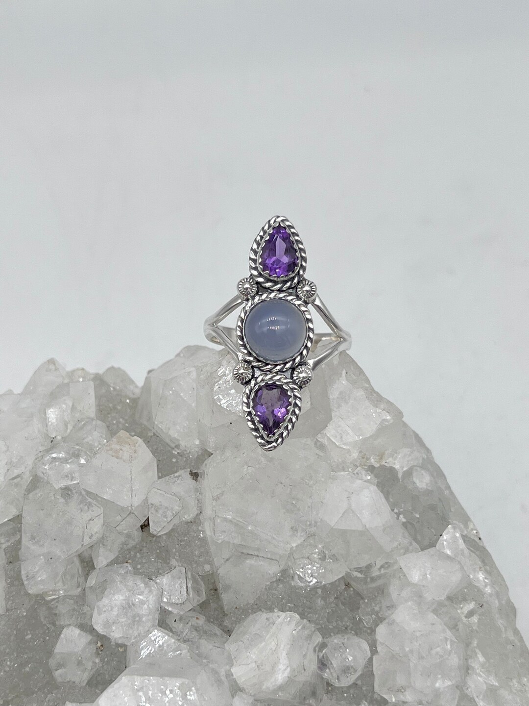Blue Chalcedony and Amethyst Ring, Size 12 Etsy