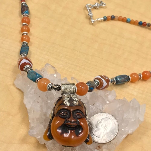 Lucite shops Buddha with Carnelian and Chrysocolla Beaded Necklace