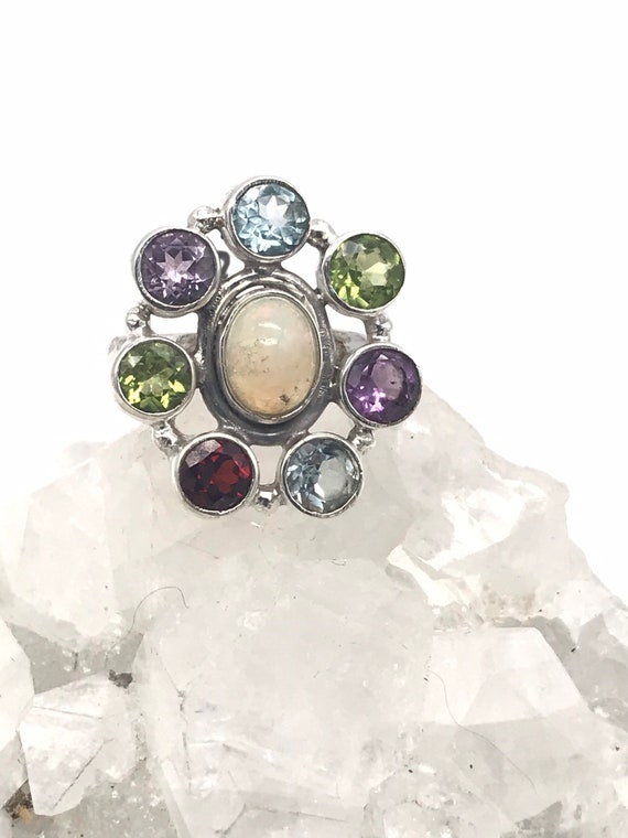 Opal, Amethyst, Blue Topaz, Peridot and Garnet Ring, Size