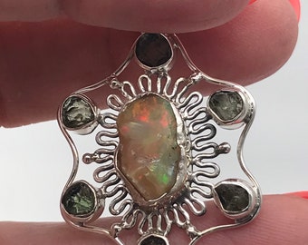 Moldavite and Rough Opal Pendant