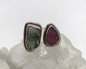 Natural Green Moldavite and Rough Pink Tourmaline Ring, Size 5 1/2-Adjustable
