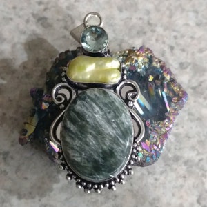 CLEARANCE Seraphinite, Pearl and Blue Crystal Pendant
