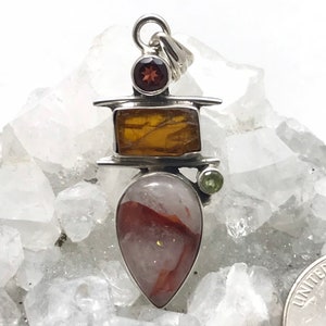 Hematoid Quartz, Orange Kyanite, Peridot and Garnet Pendant