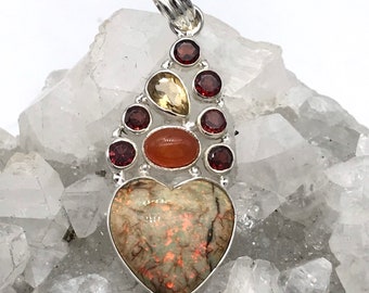 Beautiful  Sterling Opal, Carnelian, Garnet, and Citrine Heart Pendant