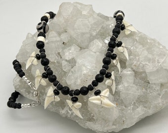 Natural Bone, Lava, Agate and Small Shark Teeth Beaded Necklace-20"