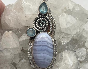 Blue Lace Agate and Blue Crystal Pendant
