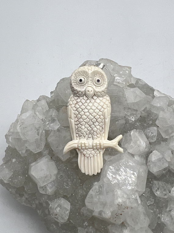 Large Carved Bovine Bone Owl Pendant - image 1