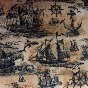 Nautical Sailing Ships, Ship Steering Wheels, Anchors, Dolphins, Life Preservers on Marbled Yellow-Gold Bkgrd, Nautical 100% Cotton