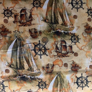 Sea Voyage, Sailing Ships with Nautical Steering Wheels on Marbled Yellow-Gold Background, 100% Cotton