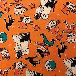 Whimsical Kids, Ghosts and Black Cats on Orange Background, Trick or Treat by Carta Bella for Riley Blake, 100% Cotton