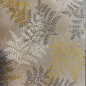 White, Gray and Gold Metallic Stem Leaves on Taupe Background, A Walk on the Path Metallic by Robert Kaufman, 100% Cotton