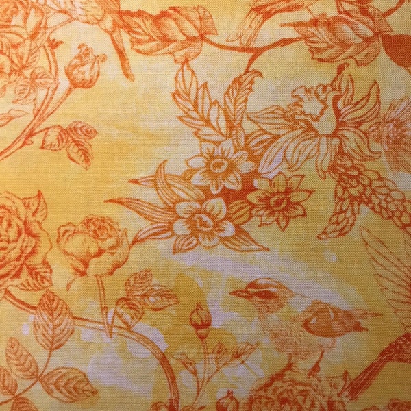 Toile Orange Print Birds/Flowers on Yellow Background, Petal Party by Chong A Hwany, Citrus Bird by Timeless Treasures, 100% Cotton