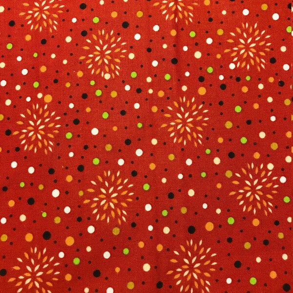 Mustard and White Star Bursts with Colorful Dots on Orange Background, Classic Cottons, 100% Cotton