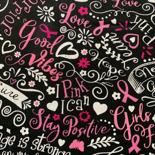 SALE:  Pink Ribbon and Hearts on Black Background, Black Breast Cancer Chalkboard by Timeless Treasures, 100% Cotton