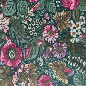 Two-Tone Plum and Pink with White Flowers and Greenery on Forest Green Background, Country Floral, 100% Cotton