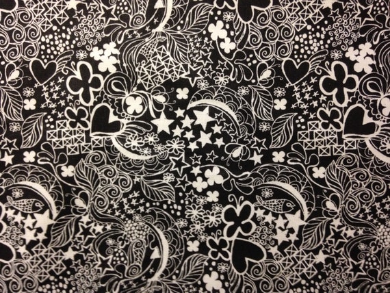 Black And White Doodles Of Hearts Stars On Black Background Etsy