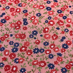 Red and Blue Flowers on Peach Background, Early Bird by Bonnie and Camille for Moda Fabrics, 100% Cotton