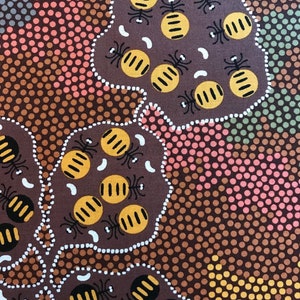 May include: Abstract art print featuring a brown background with a repeating pattern of small white dots. The print features three large, irregular shapes with a brown background and a pattern of yellow circles with black stripes and black spiders.