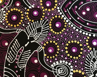 White, Purple, Yellow Dots on Black Background, Dancing Spirit by Colleen Wallace for M&S Textiles Australia, 100% Cotton