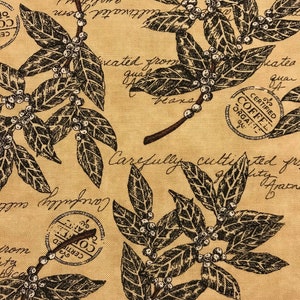 Green Coffee Leaves and Beans on Tan Background, Brew by Deb Strain for Moda Fabrics, 100% Cotton