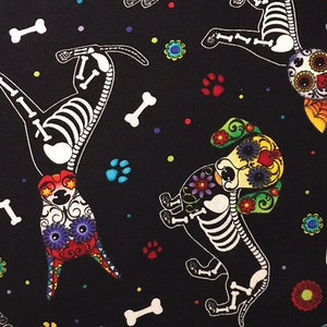 Bright White Dog Skeletons on Black Background by Timeless Treasures, 100% Cotton